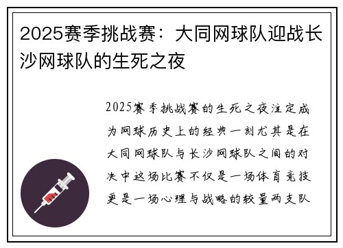 2025赛季挑战赛：大同网球队迎战长沙网球队的生死之夜