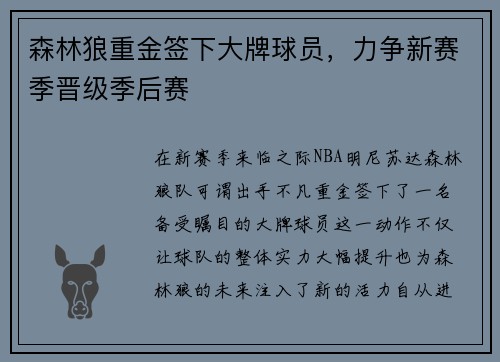 森林狼重金签下大牌球员，力争新赛季晋级季后赛